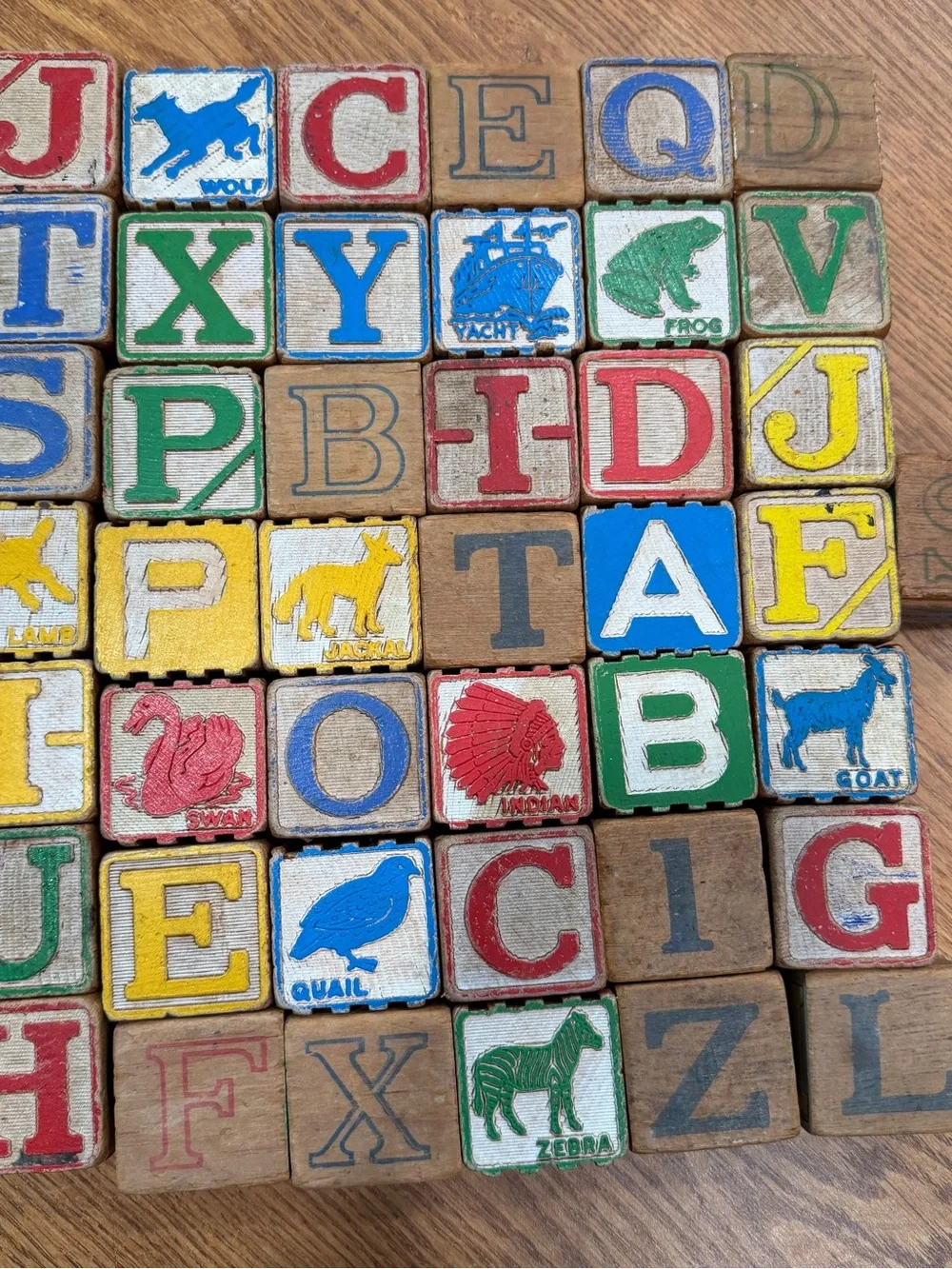 Vintage Antique Wooden Children's Toy Alphabet 43 Blocks Distressed 4 Sided